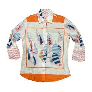 Tizzie Women's Sailboat Print Button Down Shirt Orange Blue White Medium